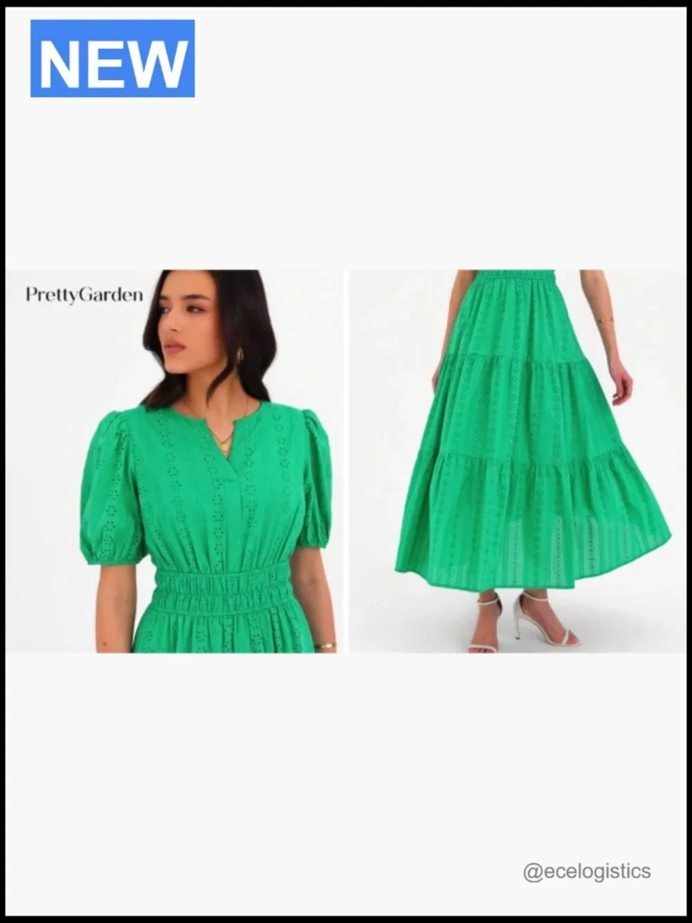 V Neck Puff Sleeve Smocked Maxi Dress Eyelet Cotton Tiered - Picture 7 of 7